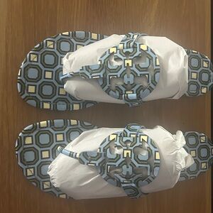 Tory Burch Blue and Cream Geometric Sandals